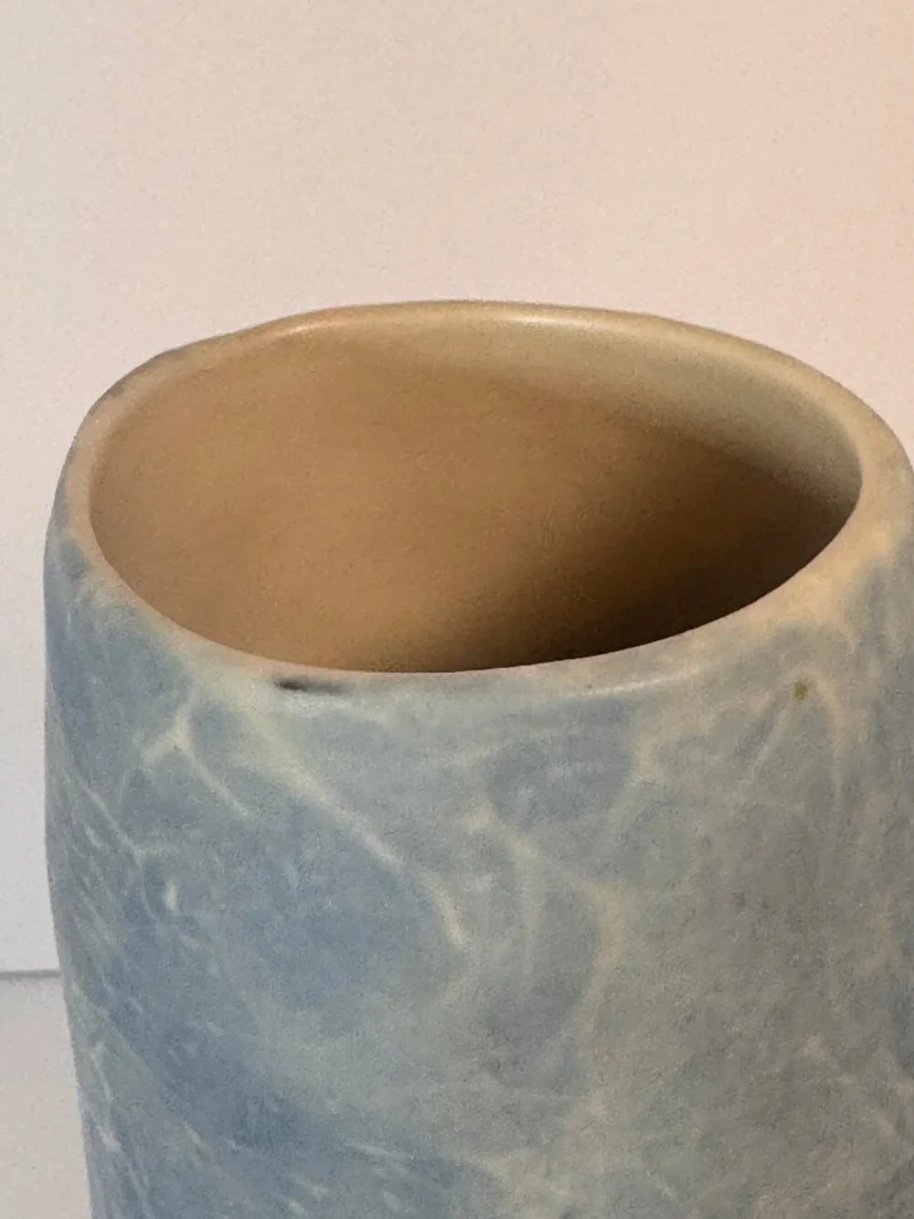 Bud vase or cylinder with blue and white soft cloud like marbled pattern